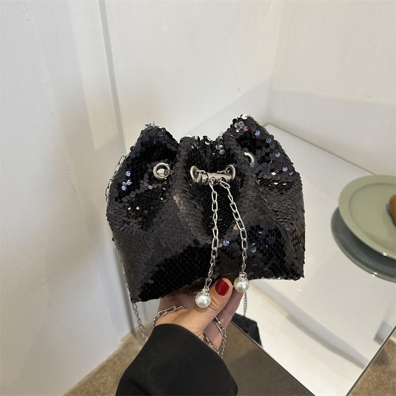 Fashion-forward Black And Silver Sequin Bucket Bag Versatile Single Shoulder Crossbody Bag For Women
