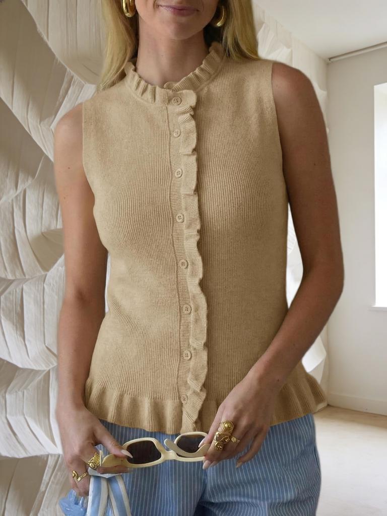 Women's Sleeveless Sweater Vest Ruffle Button Down Knit Tank Top
