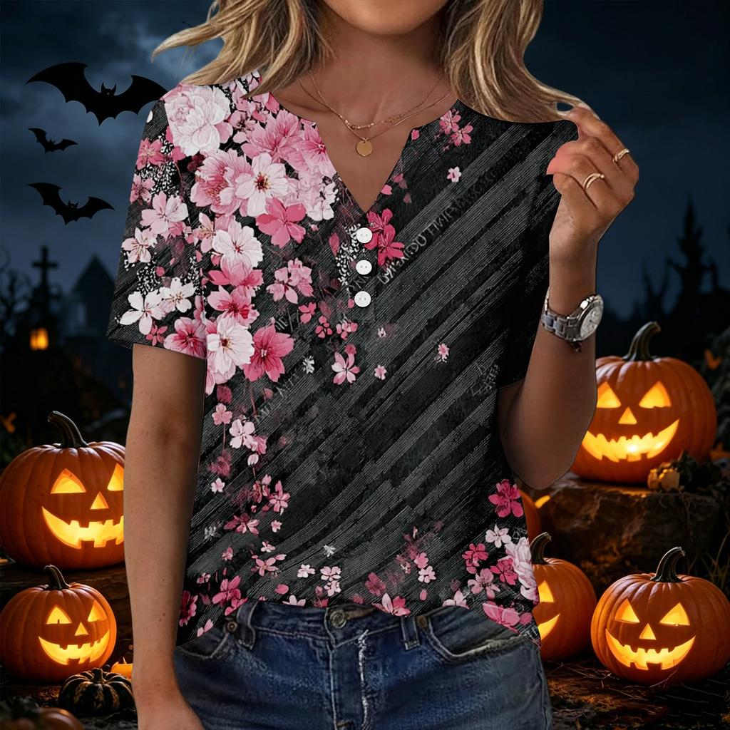 Women's Halloween Printed V-Neck Short Sleeve T-Shirt with Pocket, Loose Fit