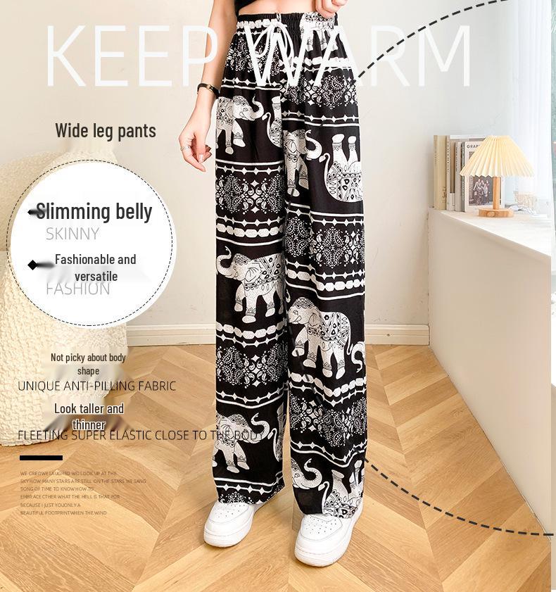 2025 Thai Yoga Pants: Elephant Print, High Waist, Wide Leg, Floor-Length, Summer Style, Hot Selling in Southeast Asia