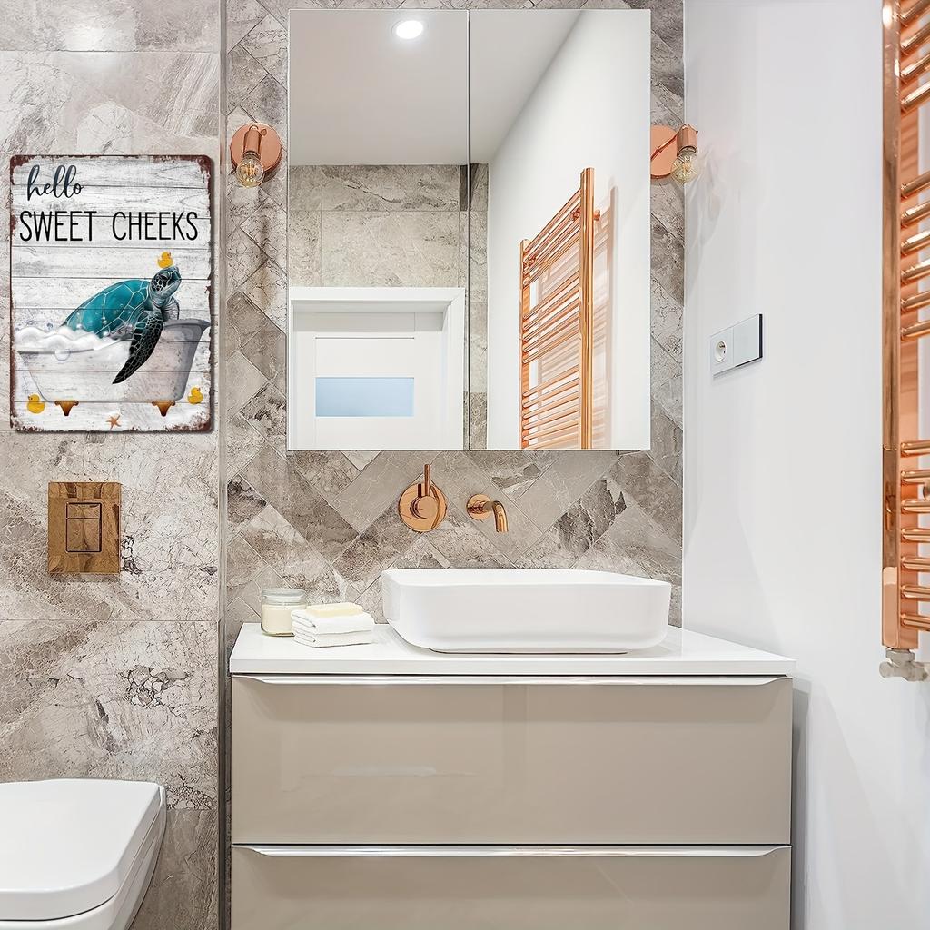 1pc Funny Sea Turtle In Bathtub Retro Tin Sign - Vintage "Hello SWEET CHEEKS" Metal Wall Art with Teal Turtle, Rubber Ducks & Bu