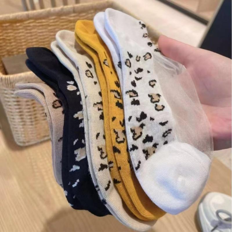5 Pairs Of Womens Slass Filament Fiber Spring And Summer Thin Transparent Leopard Socks Polyester Sock Sole