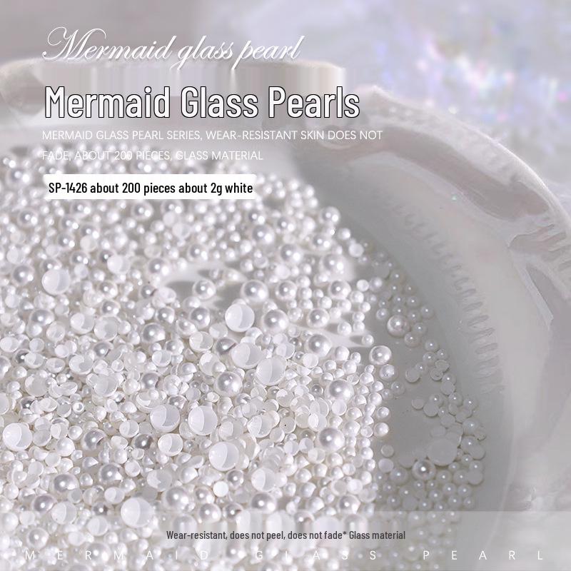 Crystal Glass & Pearl Nail Art Decorations - High Gloss, Flat Back, Off-White Semi-Circular Style