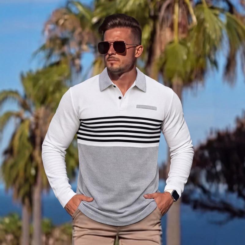 Mens Striped Color Block Long Sleeve Polo Shirt S белый