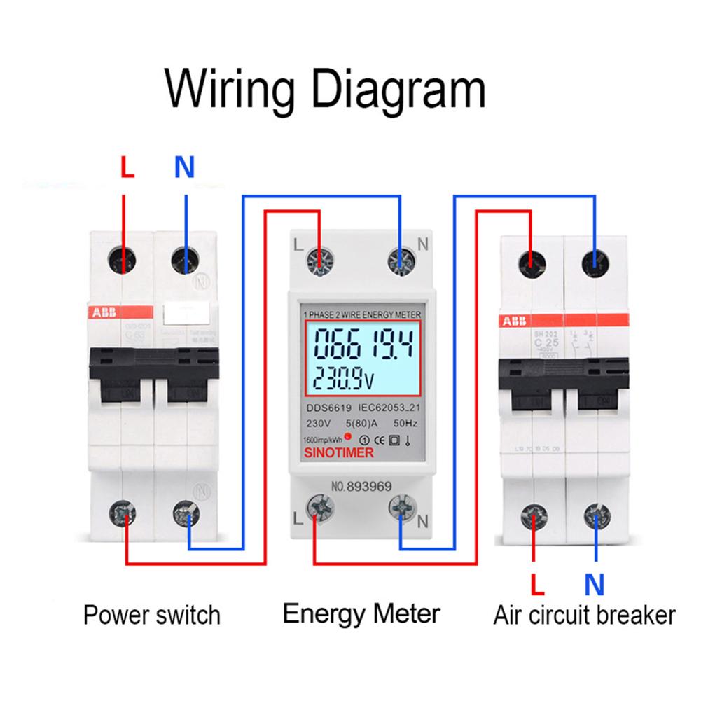 Din Rail Digital Single Phase Energy Meter LCD Digital Display Wattmeter Power Consumption Energy Electric Meter KWh AC 230V 80A