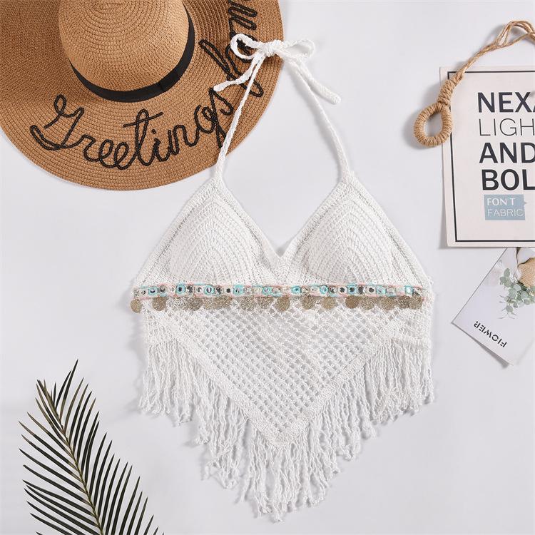 Lace-up Neck Small Vest, Sling Women's Summer Short Style with Chest Pad Inside, Backless Hollow Tube Top Embroidered Vest