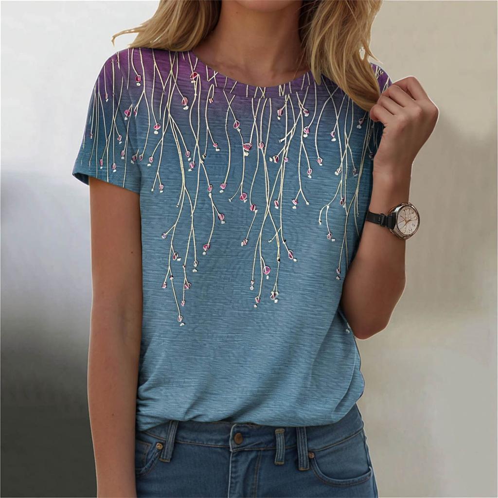 Summer Round Neck Floral Pattern 3D Print Top Fashionable Casual Short Sleeved Women's T-shirts