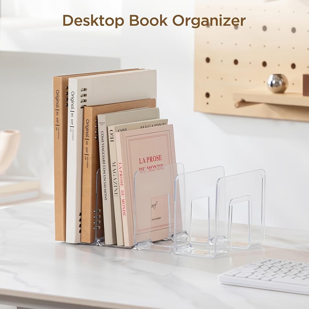 Bookend Shelf, Single Piece, Transparent Acrylic PP Material, Multi-functional Desktop Organizer, Four-compartment Divider Rack