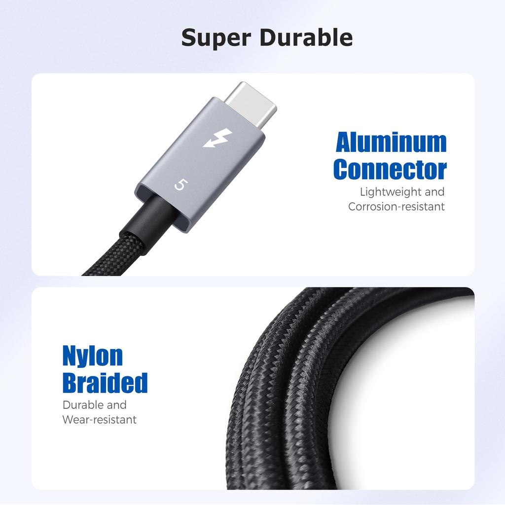 Cable Matters 80Gbps Braided Thunderbolt 5 Cable To 120Gbps Bandwidth 240W Thunderbolt 5 Thunderbolt Black [Intel Certified] - 0.5m, [Up Boost,