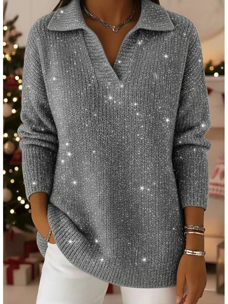 2025 Autumn/Winter Solid Color Lapel Pullover with Silver Thread and Crystal Accents