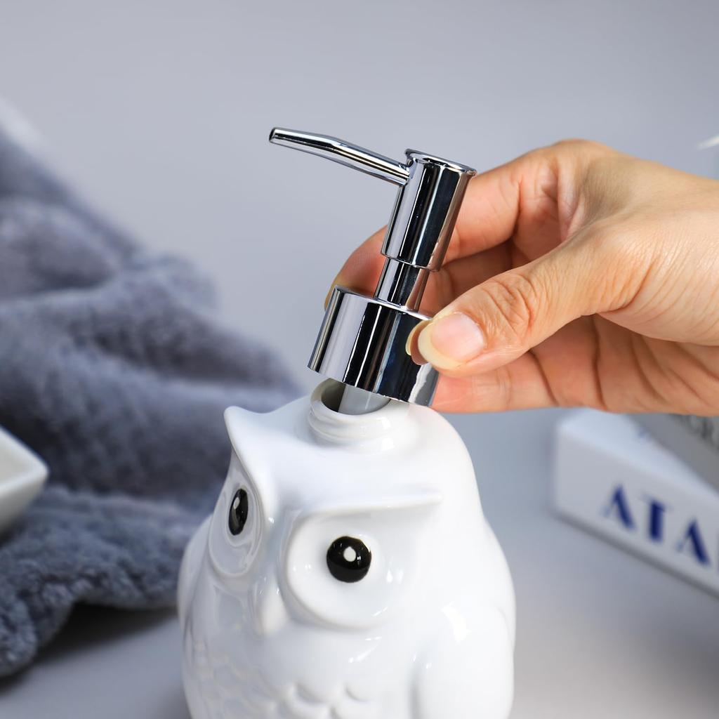 Bicuzat Ceramic White Owl Shaped Soap Dispenser with Plastic Pump, Body Lotion Soap Bottle, Hand Soap Dispenser for Bathroom Kitchen Countertop