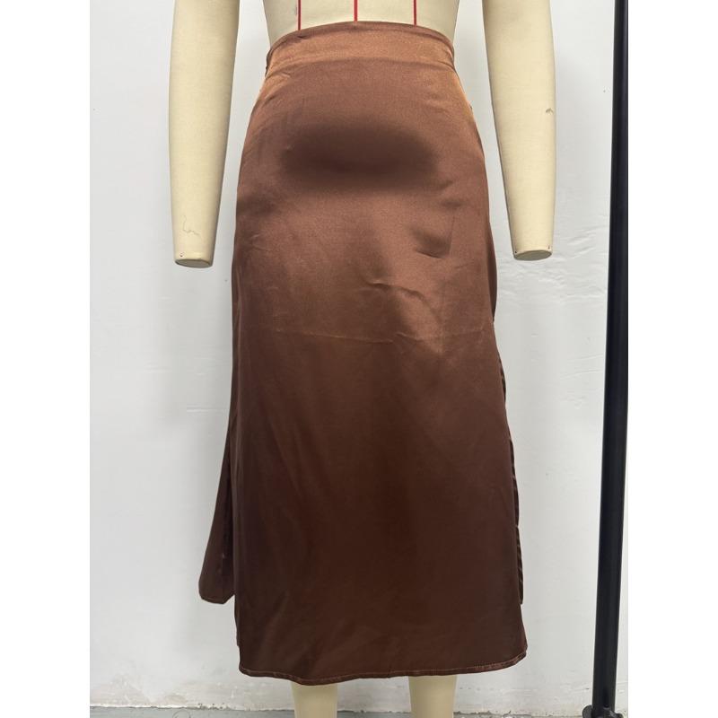 Damen Hoher Bund Satin Schlitz Saum A-Linie Midi Rock