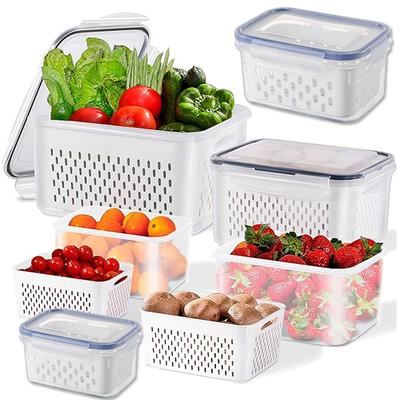 Fridge Food Storage Container Set with Lids with Strainer,Plastic Fresh Produce Saver Vegetable Fruit Meat Storage Organization