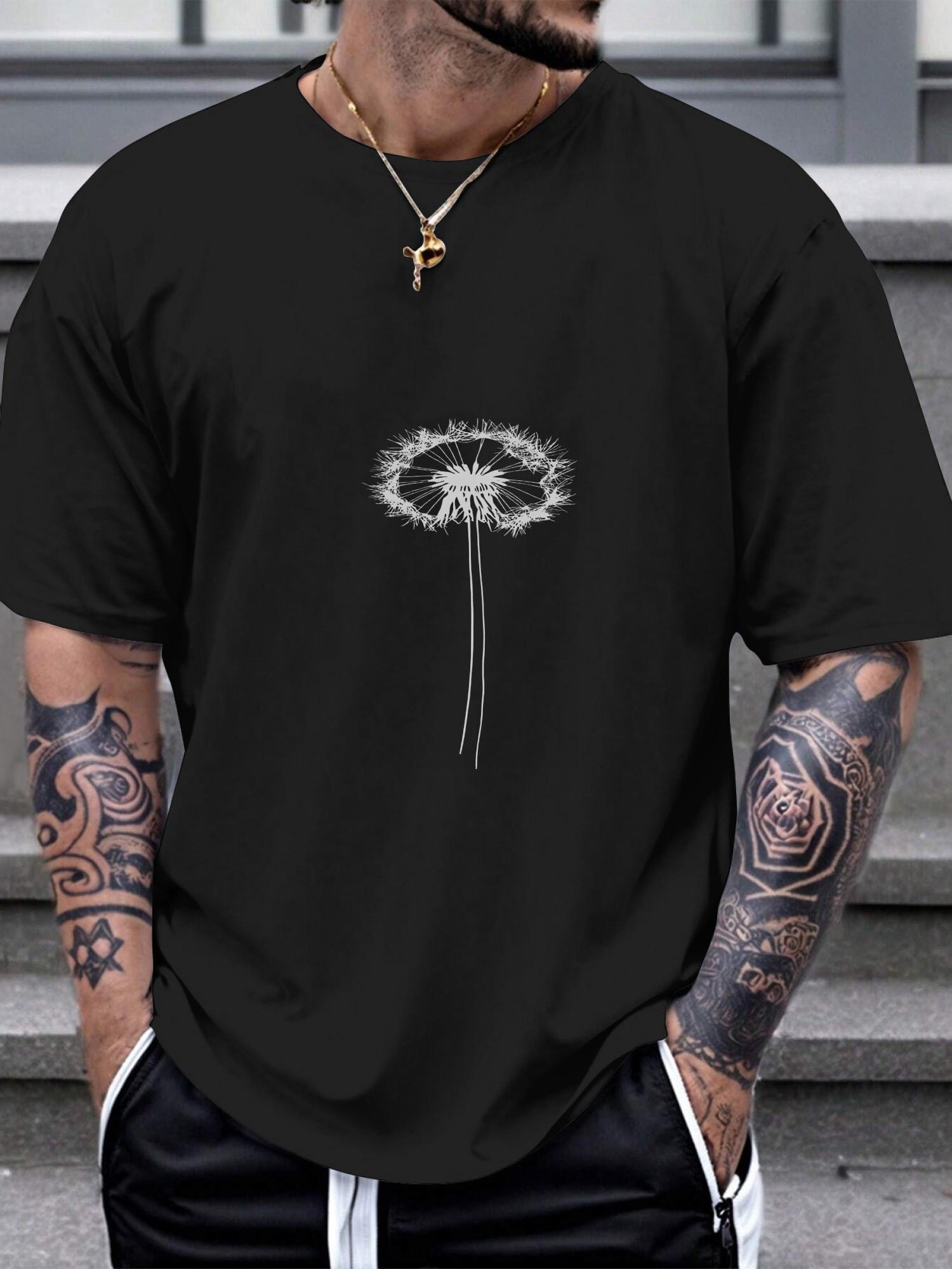 1pc Black & White Dandelion Silhouette Graphic T-shirt - 180g Cotton Crew Neck Short Sleeve M