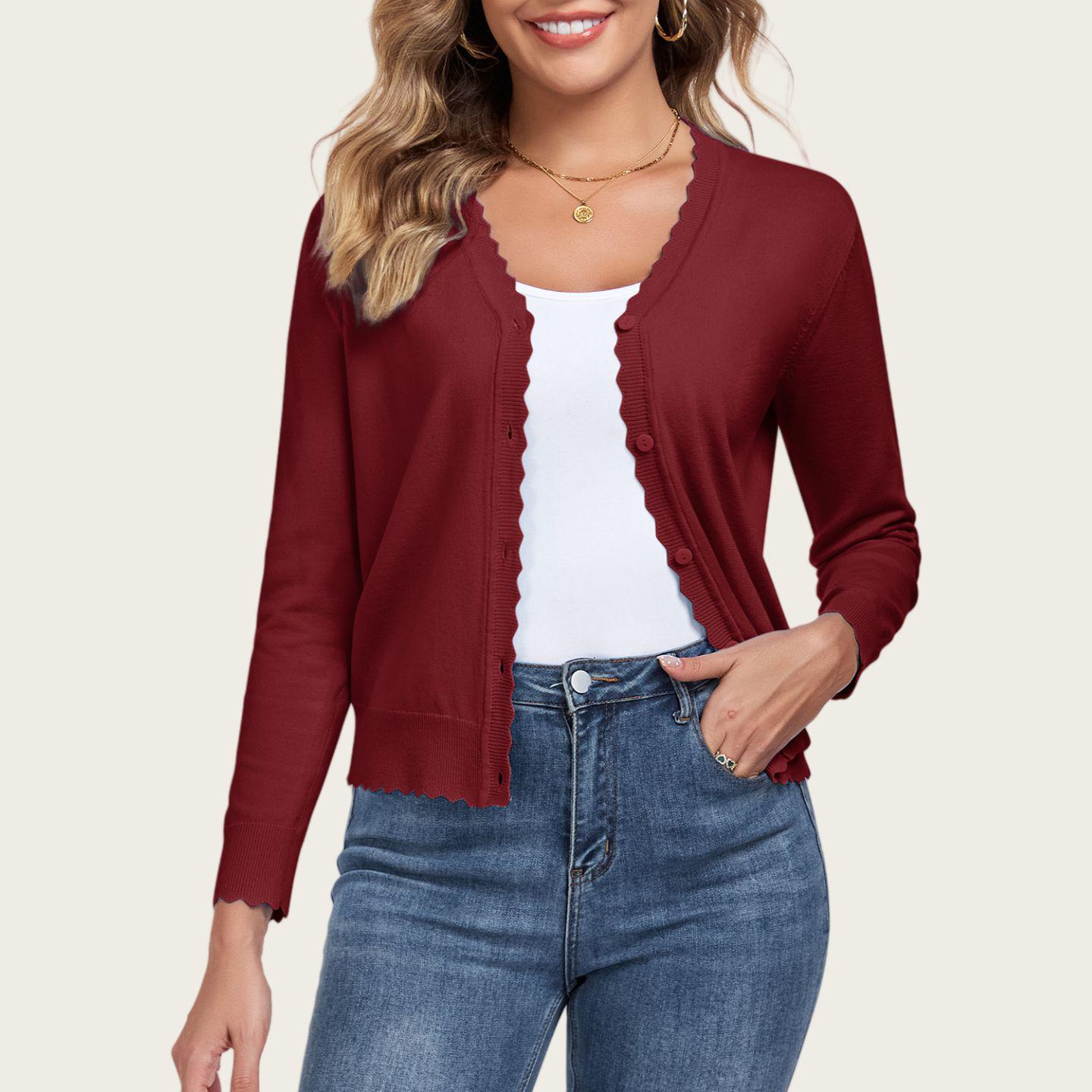 

2025 Women s European & American Fashion: Frilled V-Neck 3/4 Sleeve Knit Cardigan L