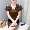 Summer Sexy Off Shoulder Beading T-shirt Women's Short Sleeves Tassels Design Tees New Cotton Female Tops