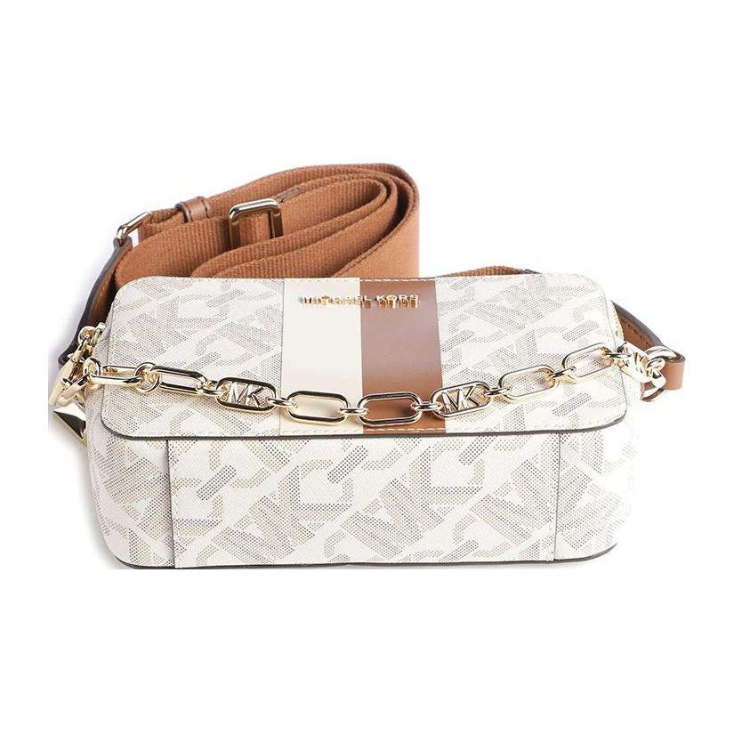 Michael Kors MK Jet Set Logo Stripe Classic Monogram Zip Closure Leather Shoulder Crossbody Bag Small Women Bags Vanilla-White 32H3GJ6C1B-099
