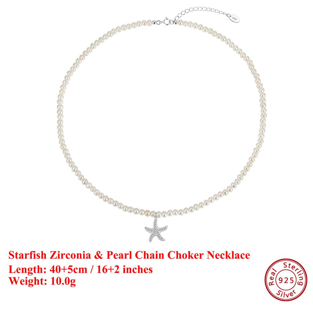 EFFIE QUEEN 100% S925 Silver 14k Gold Starflsh Style Pearl Chain Choker Necklace Natural Jewelry for Women Summer Beach GPN96