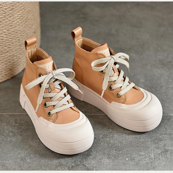Johnature Genuine Leather Flat Platform Shoes Casual Round Toe Thick Soled Shoes Versatile Lace Up Short Boots