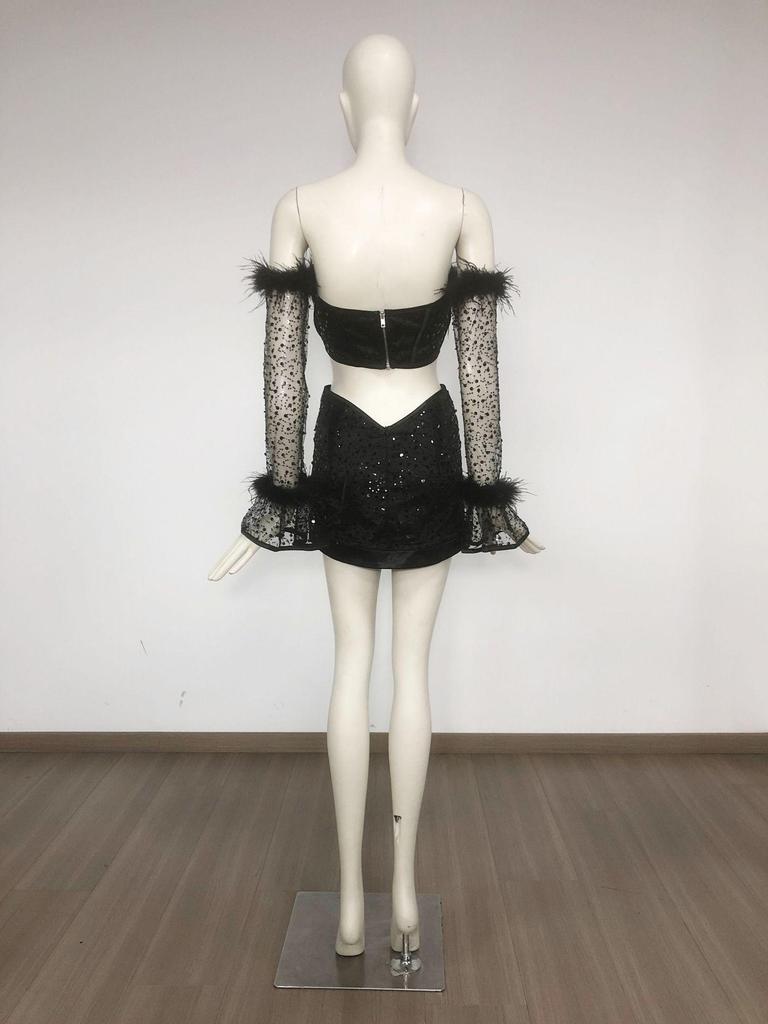 Plush Sequin Off-Shoulder Sexy Set: Long-Sleeve Top & Hip-Hugging Mini Skirt