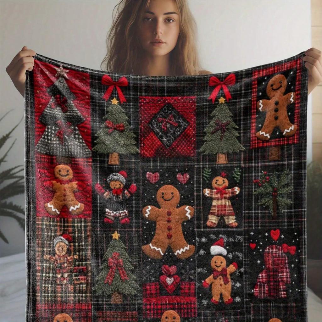 Vintage Christmas Gingerbread Man and Cedar Tree Plaid Print  Blanket for Sofa Bed Office Travel Ideal Gift for Any Occasion