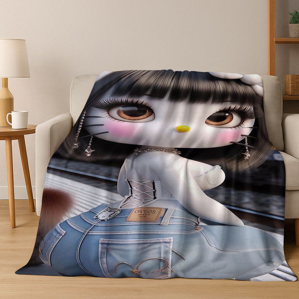 3D Sexy Hello Kitty Cat Girls Cartoon Flannel Blanket,Warm and Cozy Soft Throw Blanket for Home Bedroom Bed Sofa Picnic Cover