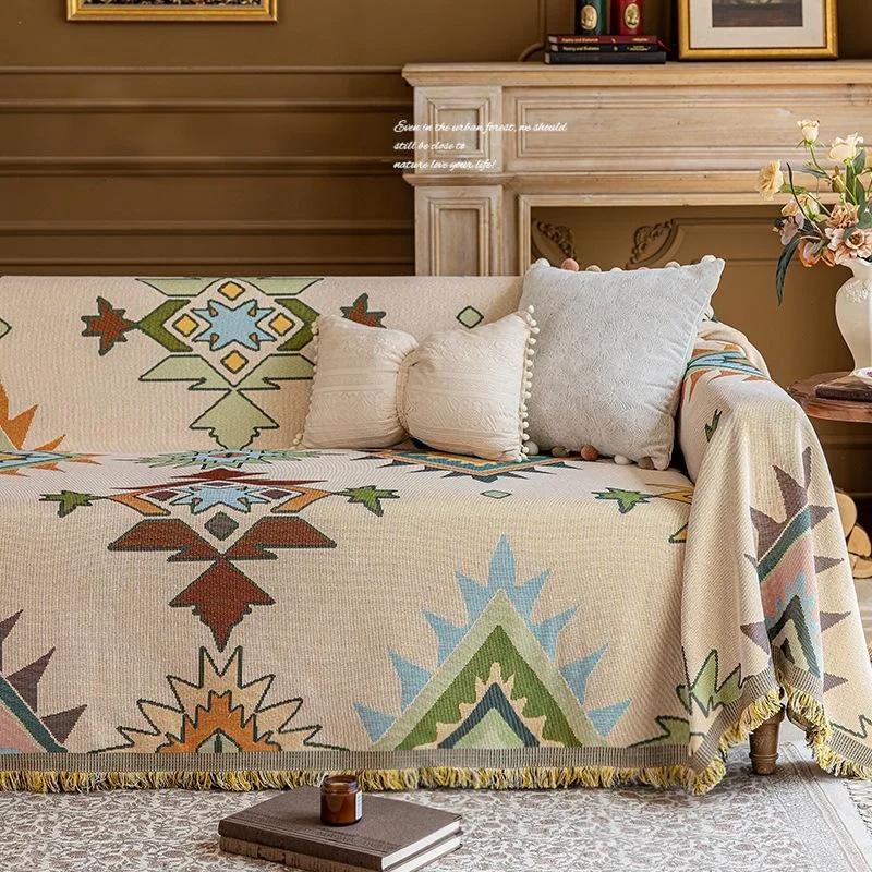 Retro Oil Painting Design Sofa Towel All Season Universal for Living Room Home Decor Tassel Sofa Cover Cloth Flowers Couch Towel