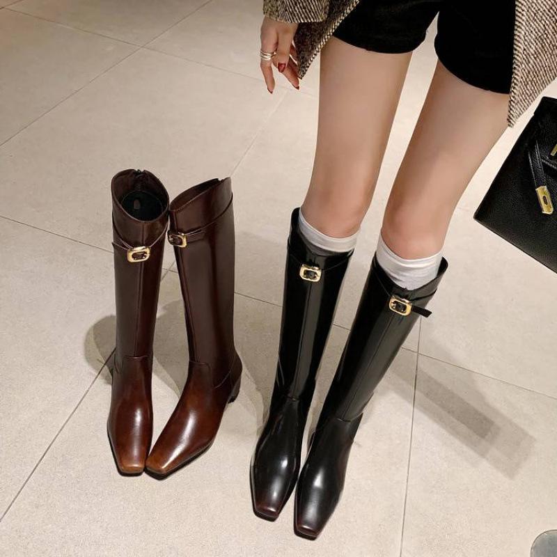 Autumn and Winter Women's Leather Fashion Boots Solid Color Square Head Medium Heel Large Size Women's Boots New Rear Zipper Cowhide High Boots