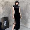 Velvet Black Retro Cheongsam with Slit - Long Chinese Style Dress