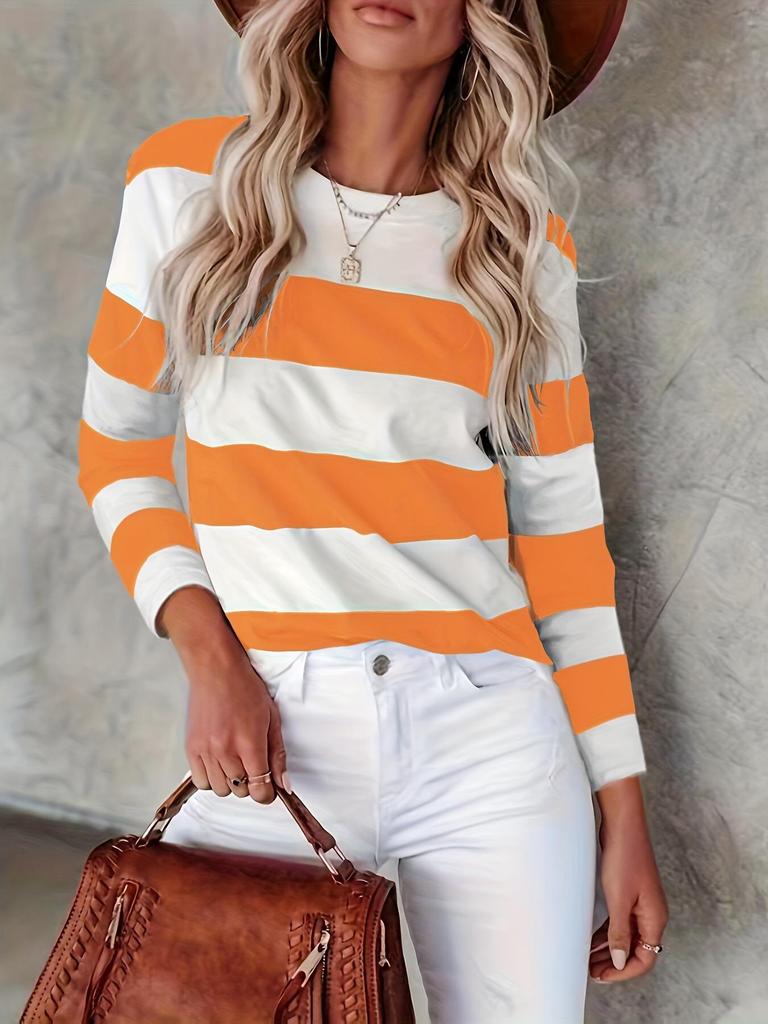 European and American Striped Round Neck Long Sleeve Casual Women's T-shirt for Spring and Autumn.
