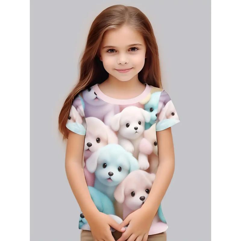 Buntes Katzenmädchen T-Shirt Niedliche Muster Sommer Kurzarm 3D Druck Mädchen Oberteil Mode Lässig Streetwear Kinderkleidung