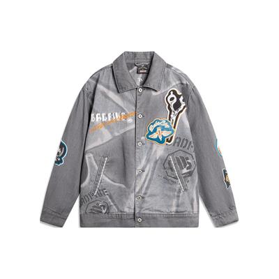 Li Ning Badfive Dragon Lifts Head Letter Pattern Printed Polo Loose Casual Denim Jacket Men Jacket Dark-Gray AFDU633-1