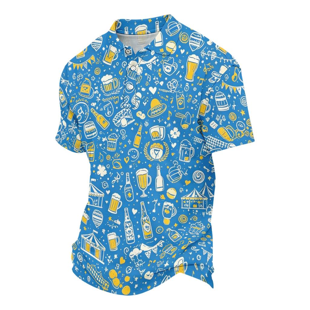 Unisex ležérní polo tričko volného střihu s krátkým rukávem a vzorem inspirovaným pivním festivalem. Lehké prodyšné látky pro každodenní nošení.
