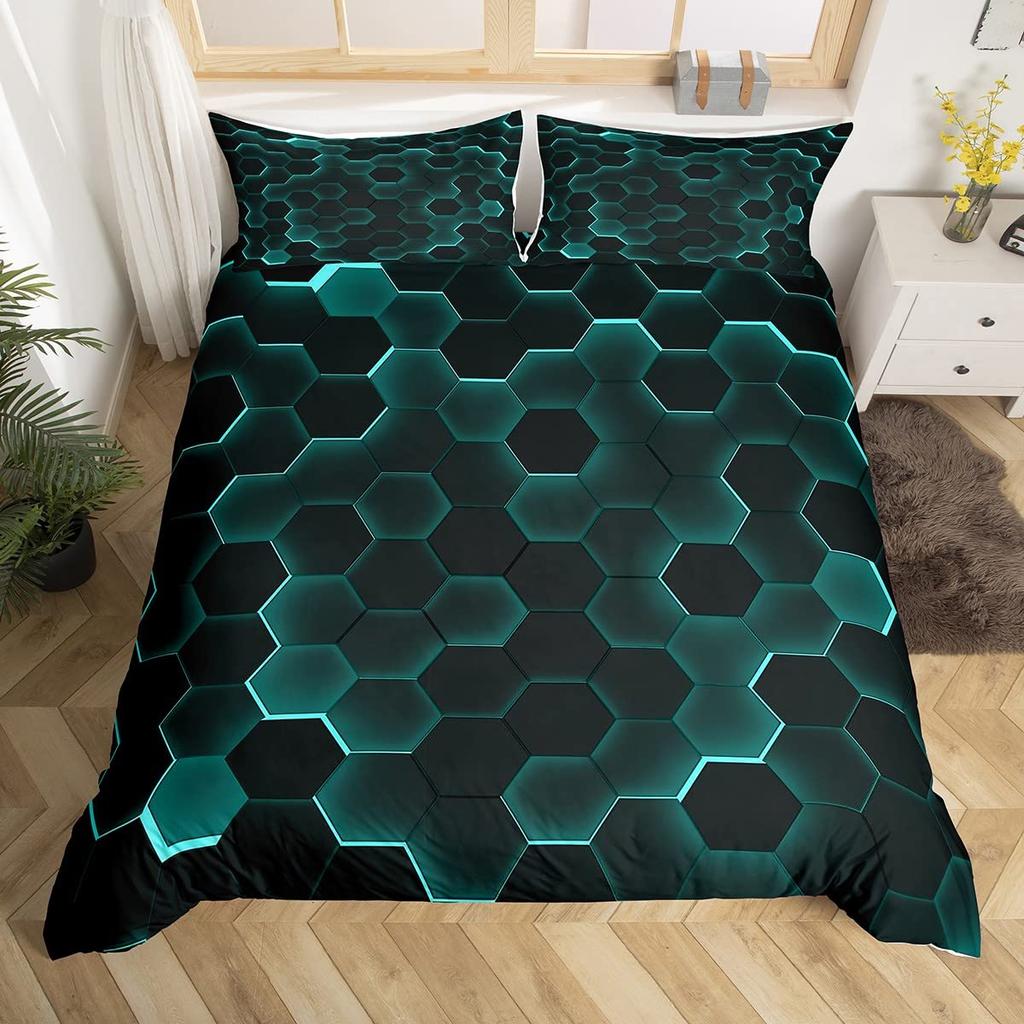 3D Geometric Duvet Cover Set Full Size,Geometry Bedding Sets Honeycomb Hexagon With Pink Blue Neon Lights Comforter Cover Set