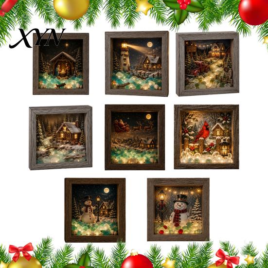 Winter Snow Scene Decoration Christmas Sea Glass Shadow Box Night Light, 3D Wooden Seasonal Shelf Display Art Frame with LED Warm Glow, Landscape