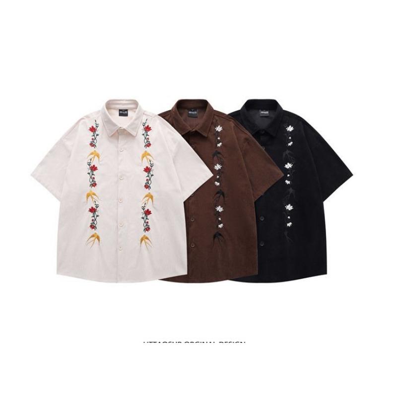 Men's Floral Swallow Embroidered Oversized Short Sleeve Button Down Shirt Casual Streetwear Top