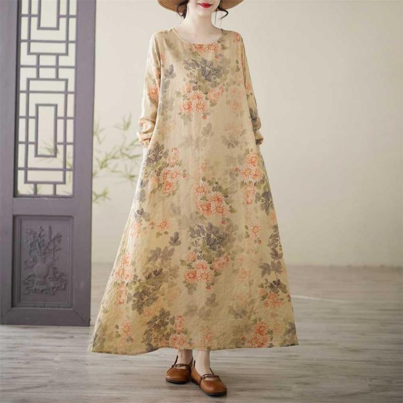Printed Round Neck Loose Plus Size Long Sleeve Plus Size Vacation Dresses
