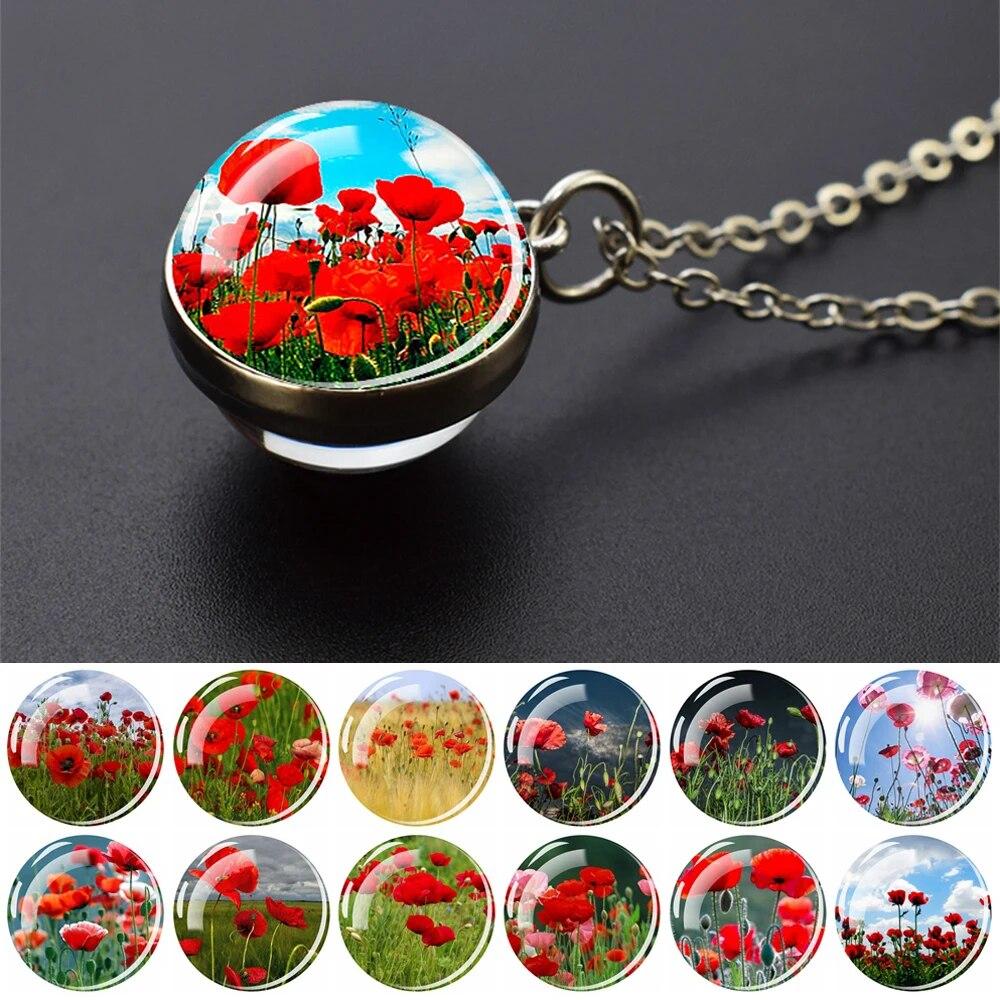 

Ожерелья с маком, красный цветок, двухсторонний узор, стеклянный шар, подвеска-цепочка, ожерелье для женщин, модные украшения, креативный подарок любовнику