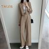 2 Teile/satz Frauen Mantel Hosen Set Revers Einreihige Strickjacke Langarm Jacke Breites Bein Hohe Taille Gerade Hose Dame Formale Pendler Outfit