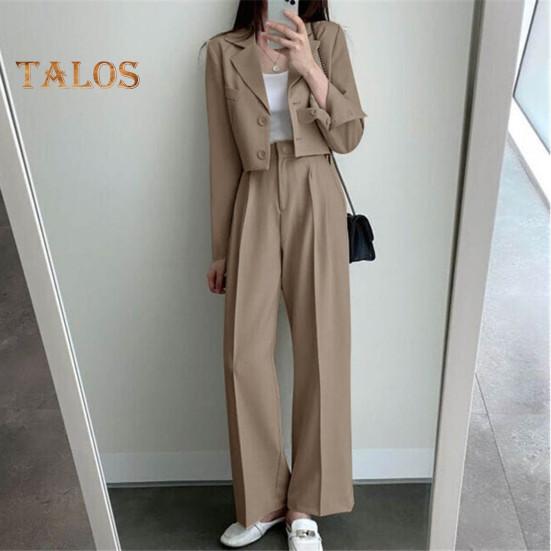 2 Teile/satz Frauen Mantel Hosen Set Revers Einreihige Strickjacke Langarm Jacke Breites Bein Hohe Taille Gerade Hose Dame Formale Pendler Outfit