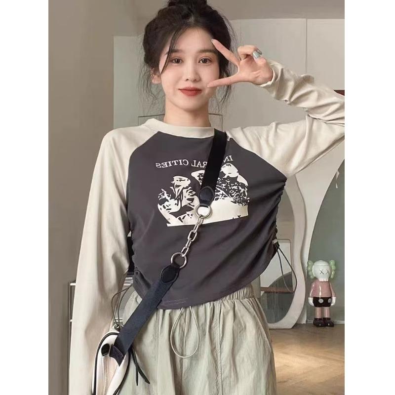 Vintage Klassisk Trykk Langermet T-skjorte Dame Høst Y2k Streetwear Crop Top Casual Harajuku Slim Topper