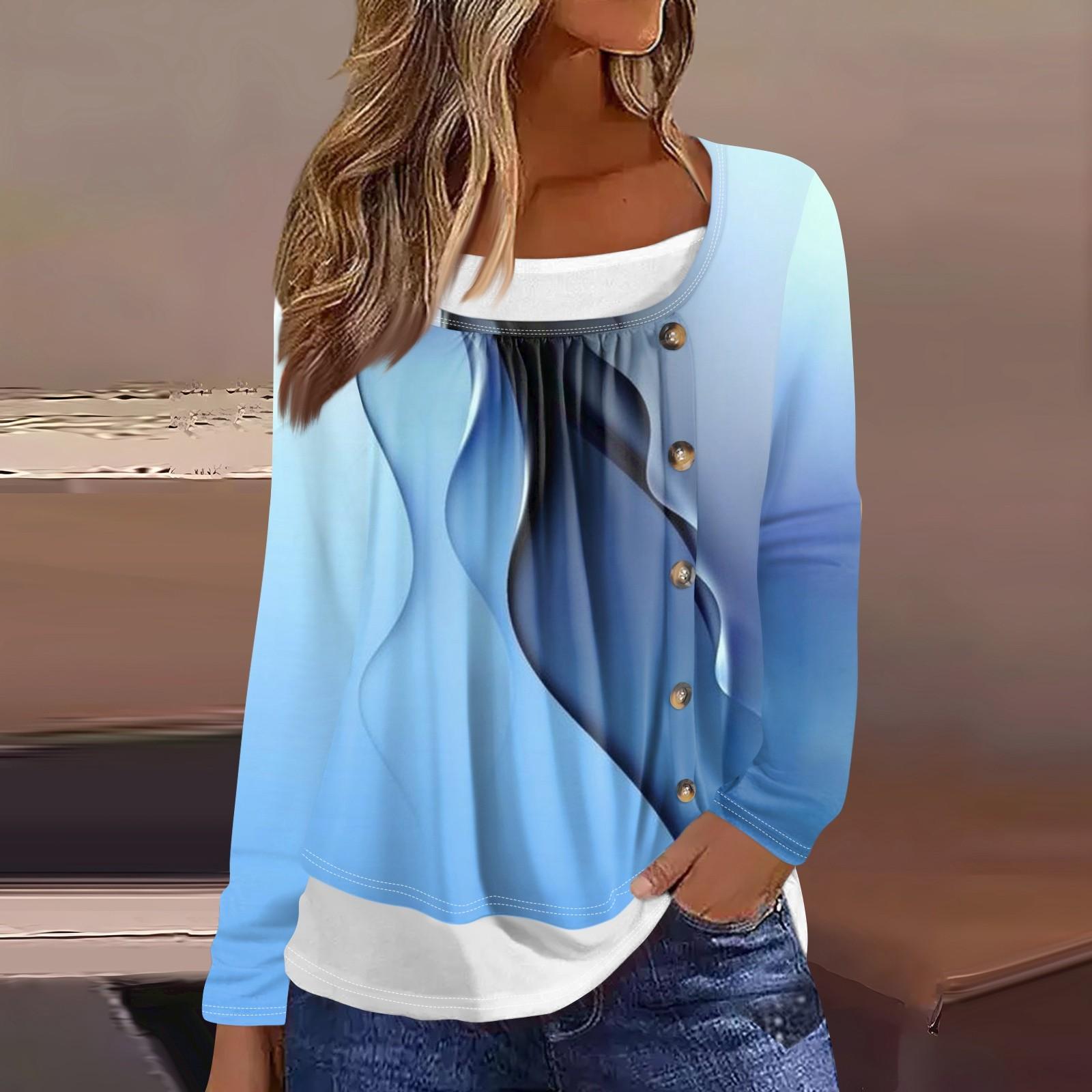 

Женская футболка с принтом, длинный рукав, поддельные две части, повседневная мода на выходные, базовый обычный топ L синий