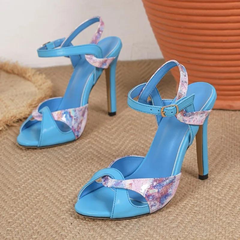 Pesstwei Blue Print High-heeled Sandals Women's Fashion Round Head Buckle Strap High Heel Sandals Wedding Party Stripper Shoes
