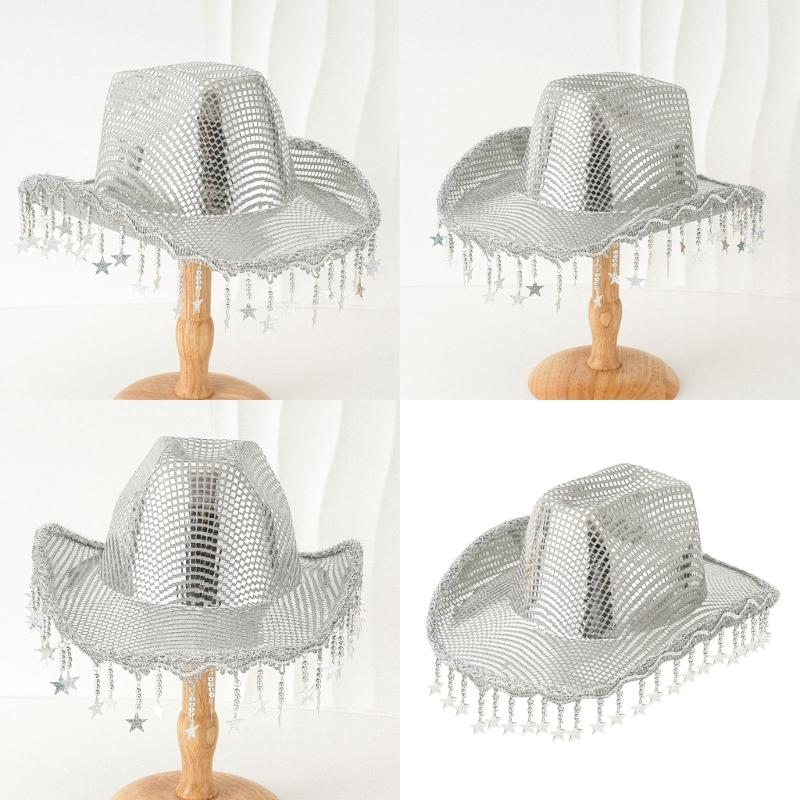 Reflective Star Cowboy Hats Disco Bride Hat Panama Hat for Bachelorette Party Cowboy Hats for Club Stage Live Shows