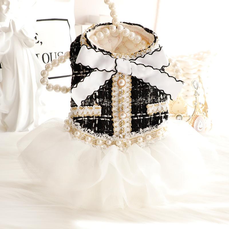 Pet Fur Patchwork Mesh Dress Autumn Winter Bow Sweater Coat Cat Princess Fluffy Winter Skirt Pearl Lace Small Dog Teddy Bear Pet