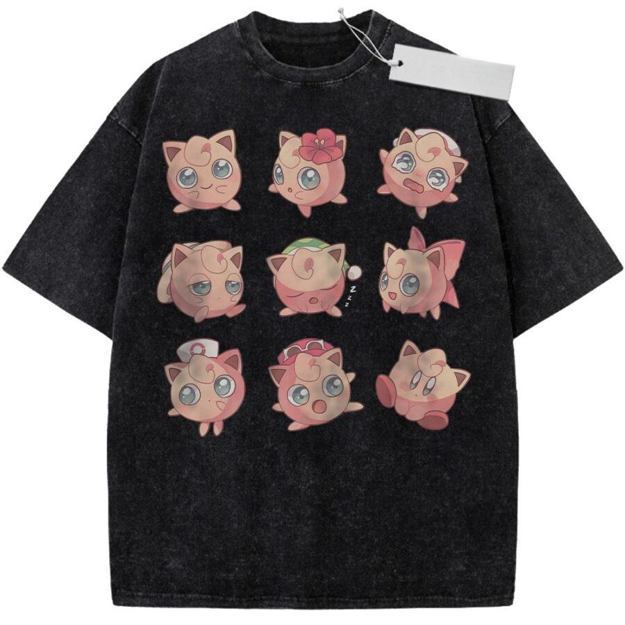 Unisex Washed Pink Vintage Tshirt Pokemon Jigglypuff Emoji Highquality Fabric for Home Leisure Travel Shopping