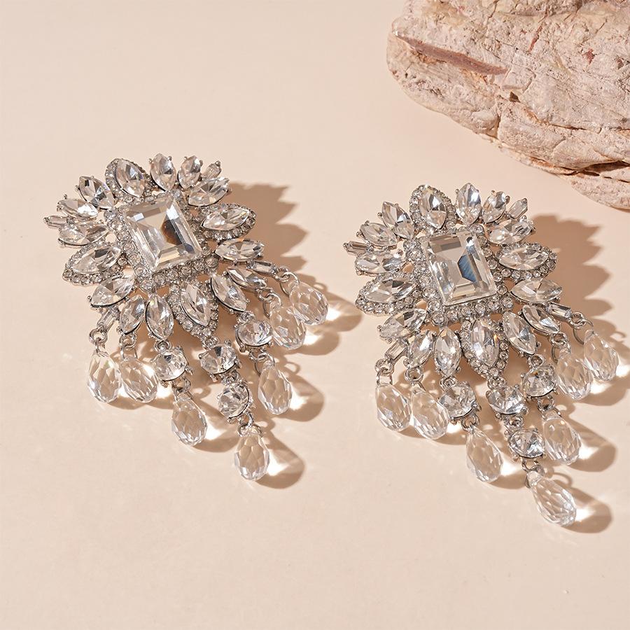 Inlaid Rhinestone Flowers Glass Beads Tassel Earrings for Women Exaggerated Temperament Bride Drop Earring Sparkle Zircon Gift