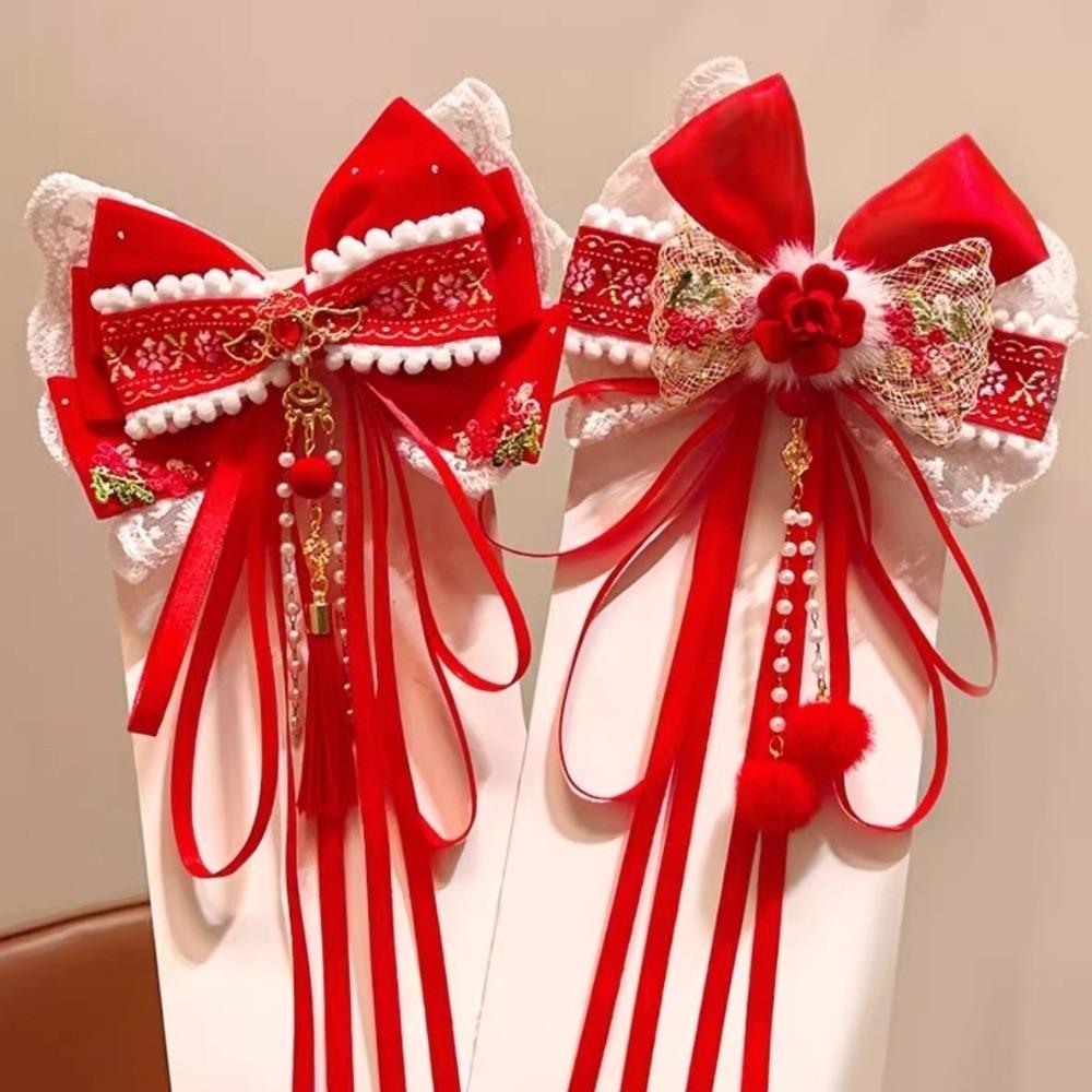 Flower New Year Hairpin Red Hanfu Hair Ornamen Cute Bow Ribbon Hair Clip  Girls