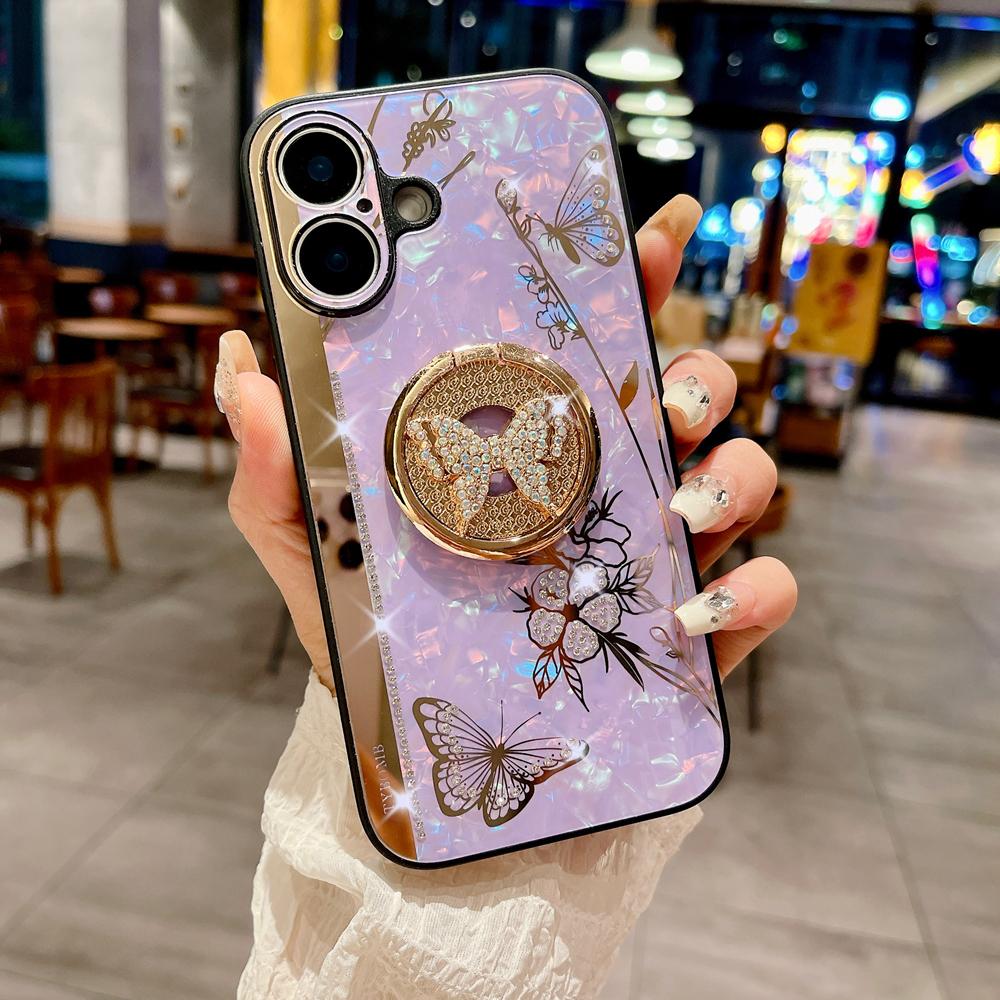 KEYSION Luxuxy Case for iPhone 16 Plus 16 Pro Max Butterfly Ring Stand Shockproof Phone Back Cover for iPhone 13 14 15 Pro Max