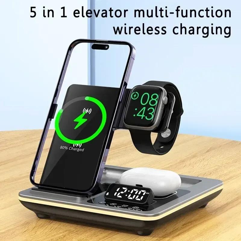 Portable 5 In 1 Wireless Charger Desktop Stand Alarm Clock LED Light for iPhone 16 15 iWatch Airpods Pro Fast Charging Station